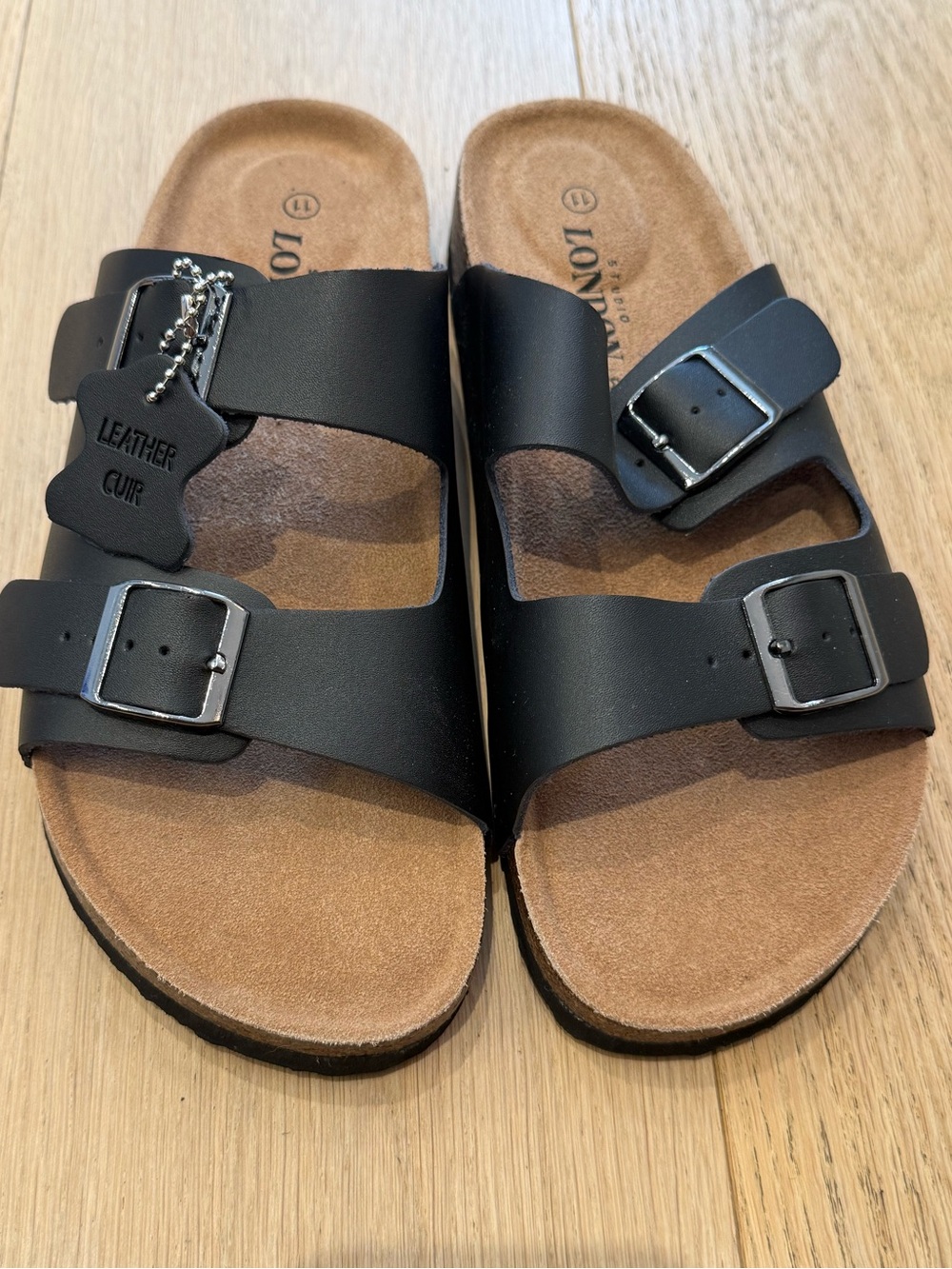 London Studio Black Leather Cork Footbed Buckle Sandals Size 11 NEW